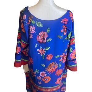 Chris McLaughlin Blue Floral Print 3/4 Sleeve Shift Dress Size 16‎ NWT